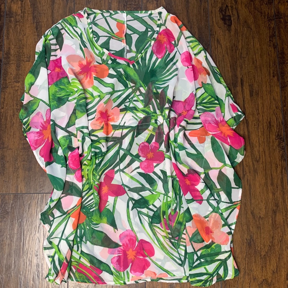 Floral Sheer Swimsuit Coverup, Tropical, OS Sm-Lg, v-neck tunic